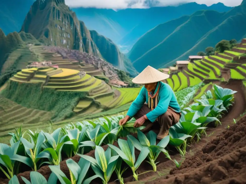 Cultivo ancestral maíz peruano: Agricultor peruano plantando maíz en la cordillera andina, conectado con la tierra y la tradición