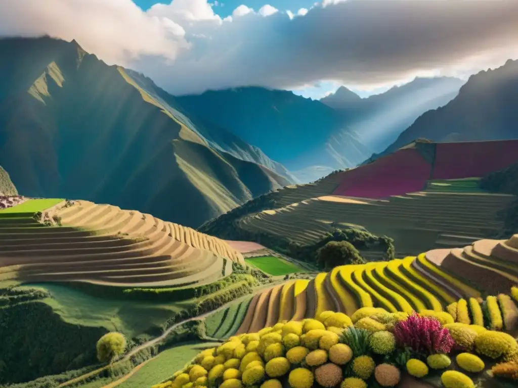 Paisaje Andino: Cultivo de Quinua al Atardecer en los Andes Peruanos Cultivo de quinua en los Andes peruanos al atardecer, resaltando los beneficios de la quinua peruana