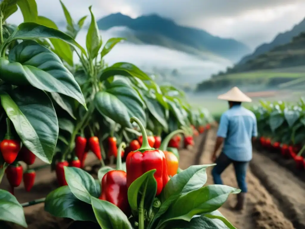 Cultivo sostenible de ajíes rojos en Perú: agricultores locales cuidan las plantas