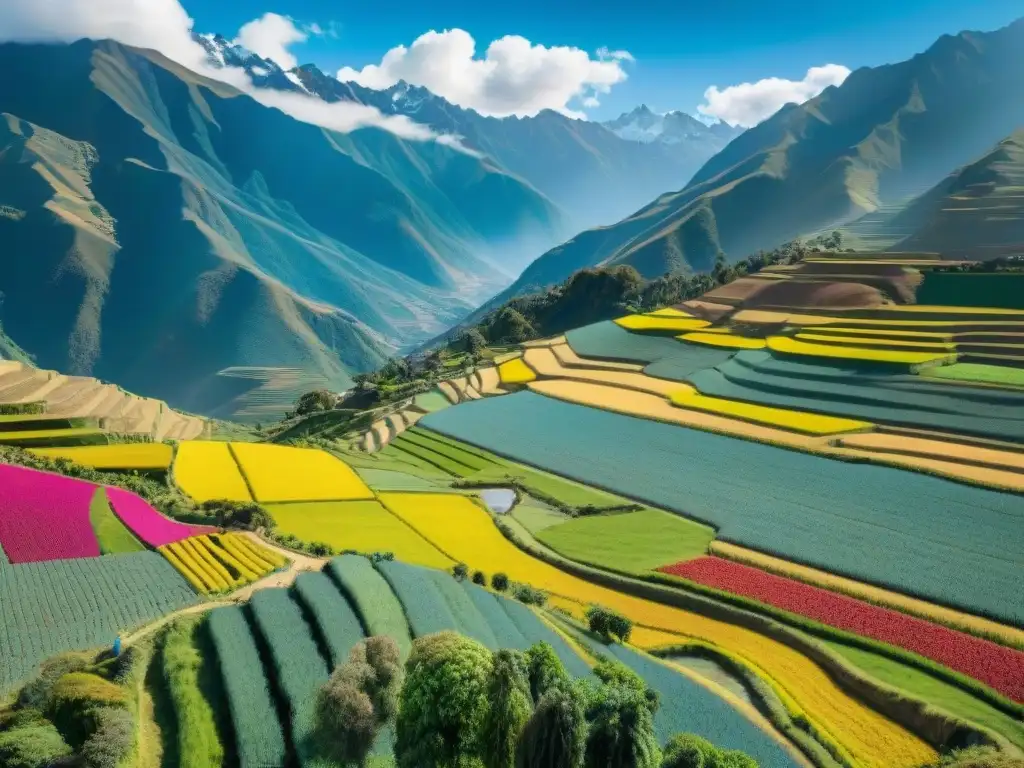 Biodiversidad en cultivos alimenta al mundo: paisaje andino vibrante con terrazas de quinoa, papas y maíz, agricultores locales y montañas nevadas