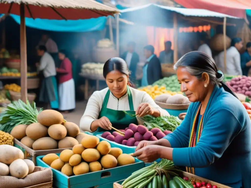 Descubre la cultura culinaria peruana en un vibrante mercado andino, repleto de coloridas papas, frutas exóticas y hierbas locales