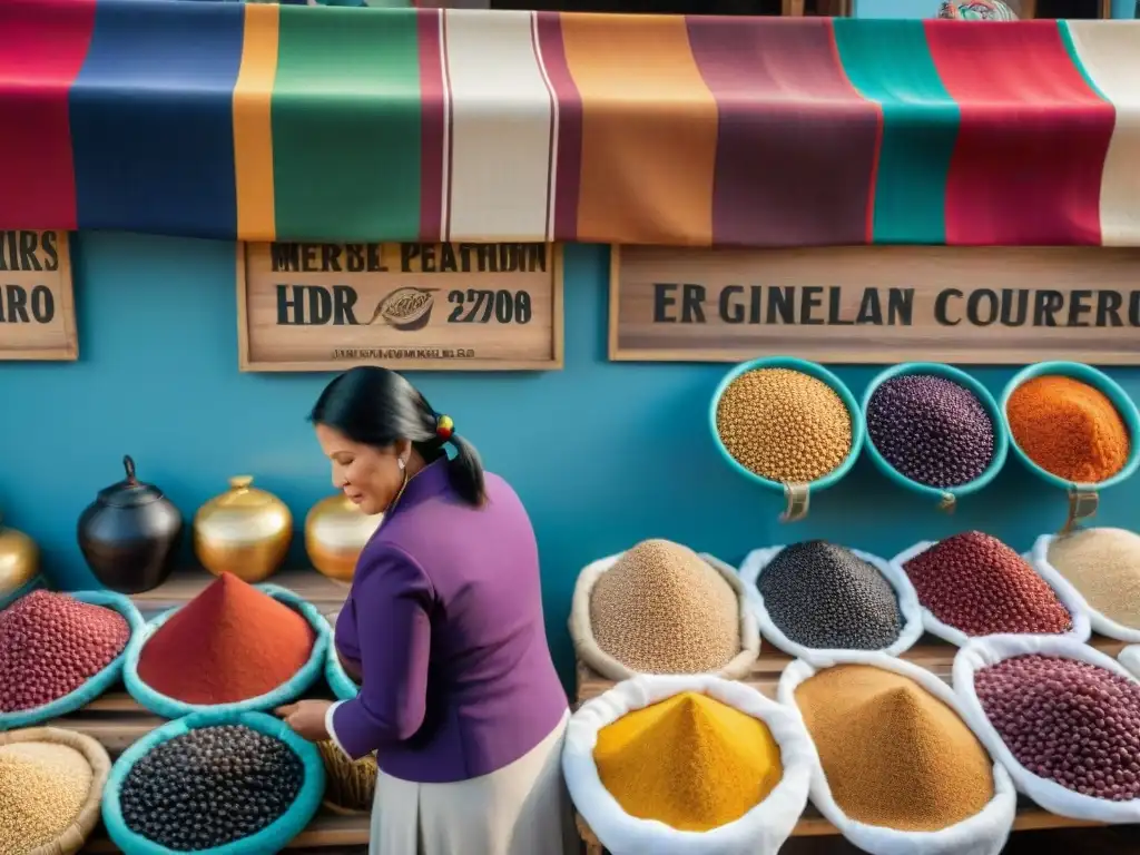 Fusión cultural gastronomía peruana en un bullicioso mercado de alimentos, con ingredientes coloridos y vendedores locales en atuendos tradicionales