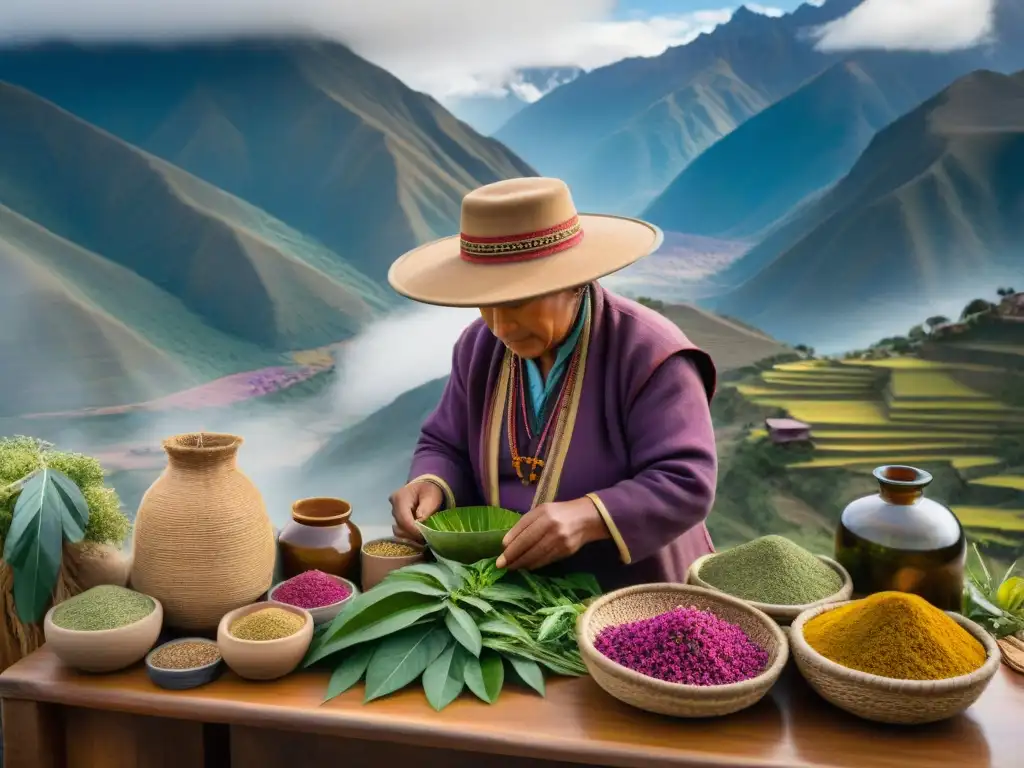 Un curandero andino seleccionando hierbas para infusiones andinas tradicionales Perú en las montañas neblinosas