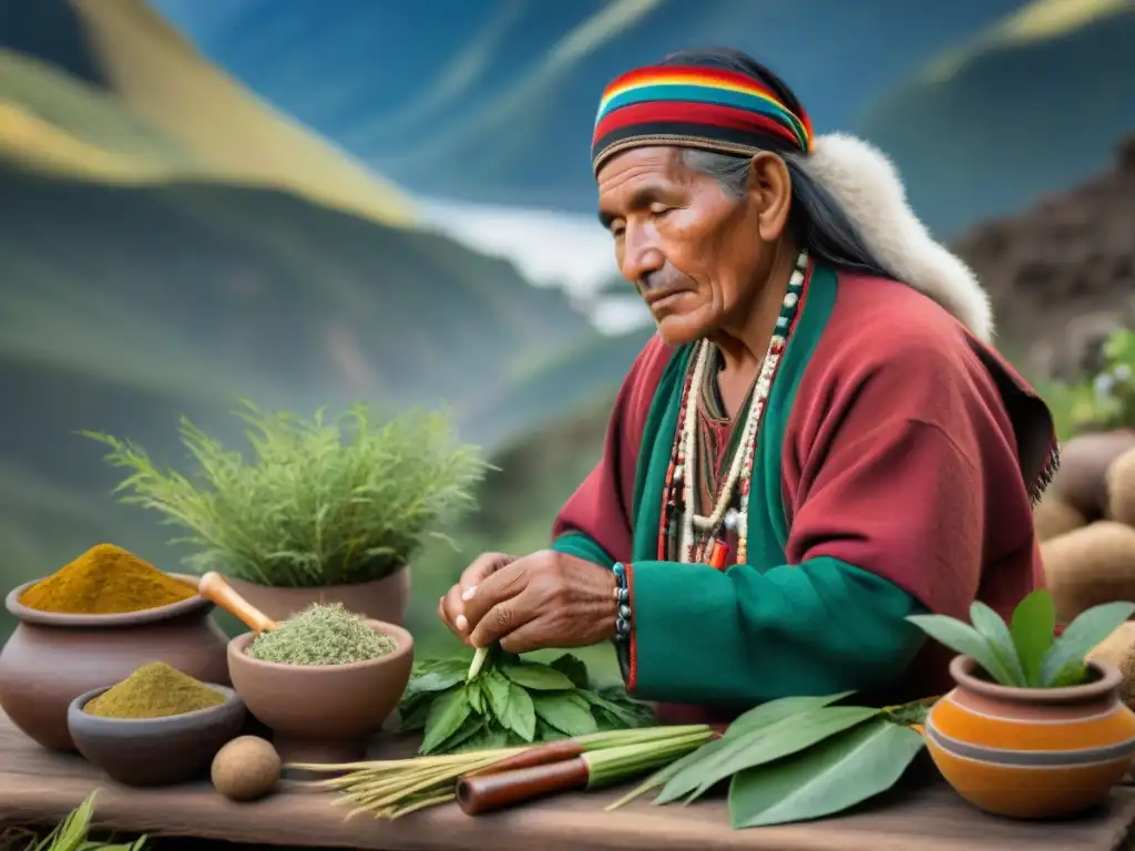 Un curandero andino preparando hierbas medicinales culinarias con sabiduría ancestral