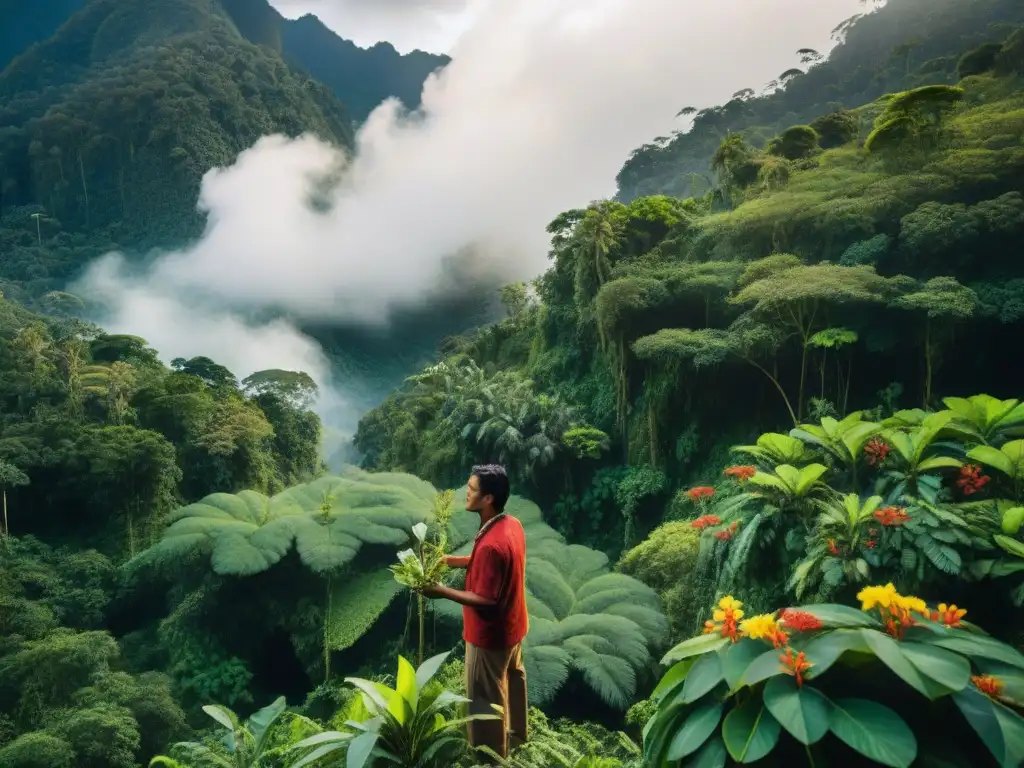 Un curandero indígena cosechando plantas medicinales en una exuberante selva del Amazonas peruano