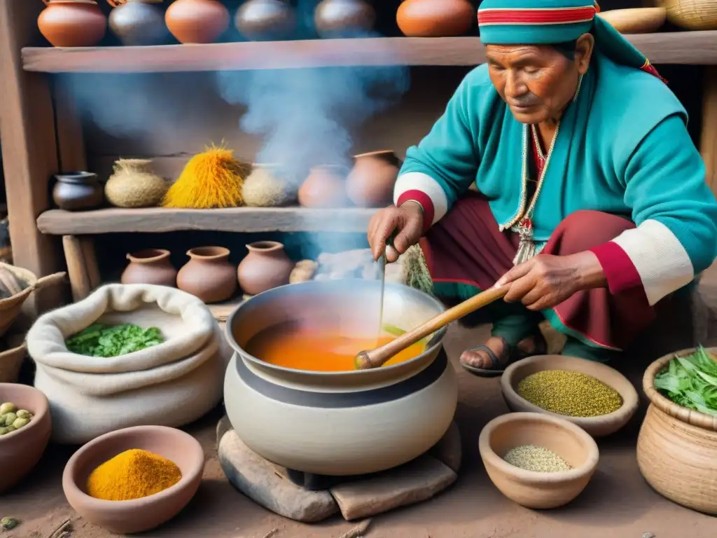 Un curandero peruano preparando una sopas tradicionales peruanas autóctonas sobre fuego en los Andes