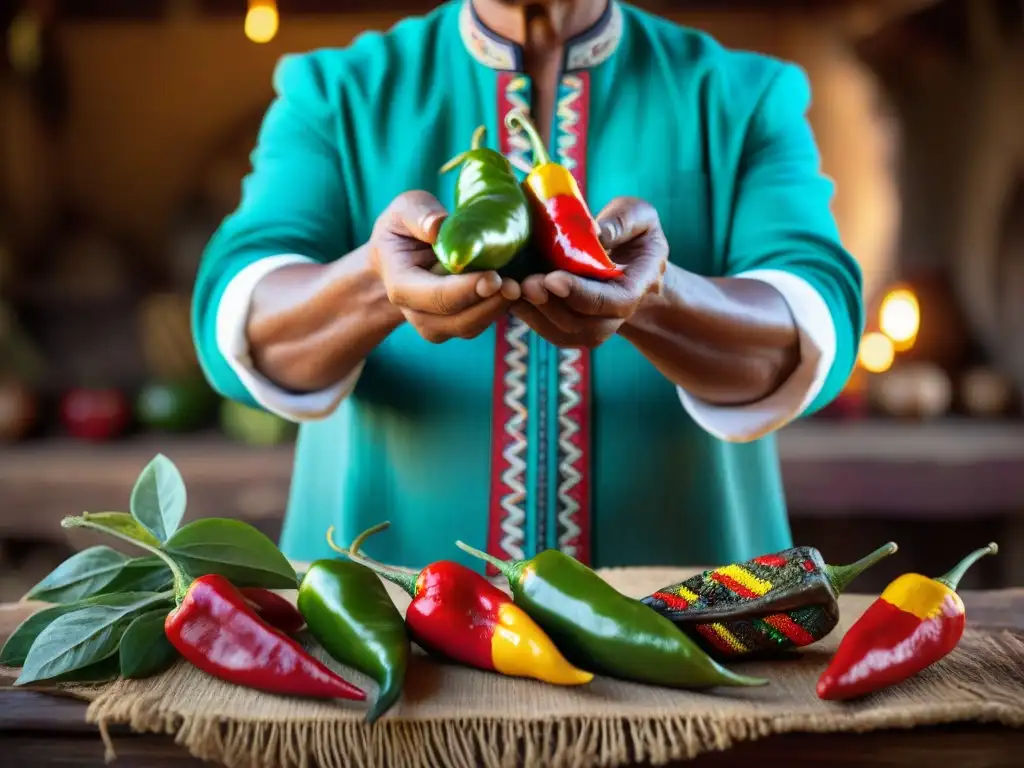 Un curandero peruano tradicional con ajíes y hierbas medicinales en un ambiente rústico y místico