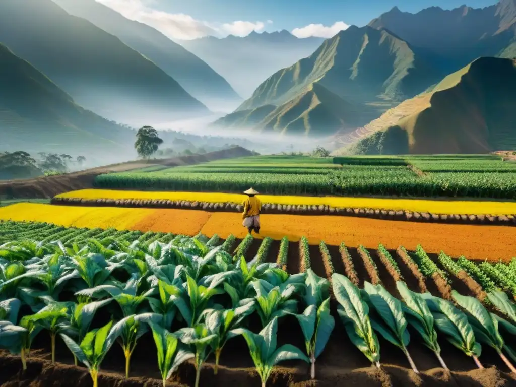 Plantación de cúrcuma peruana con montañas de los Andes al fondo, capturando la belleza natural y cultural