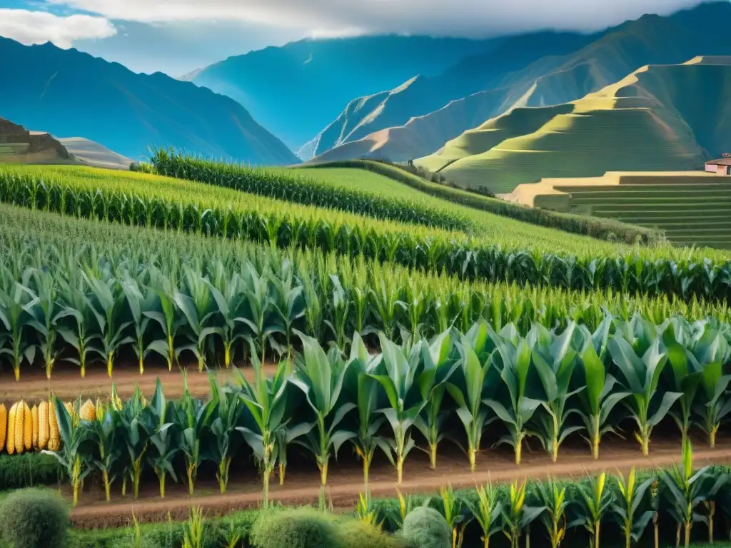 Plantación de Maíz gigante de Cusco en las alturas, con cultivo tradicional y sostenible