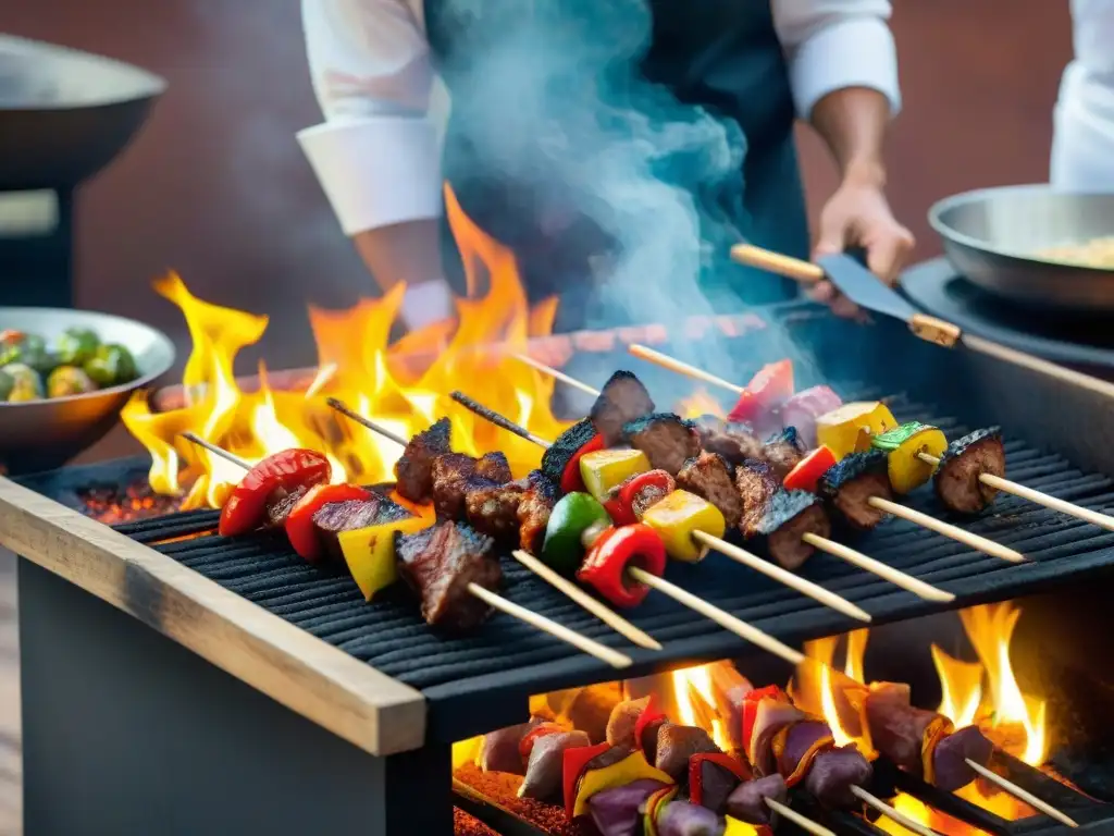 Una danza de fuego y sombras en una parrilla peruana con anticuchos, capturando la esencia de la fotografía creativa de anticuchos peruanos