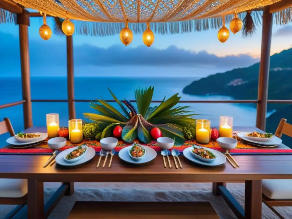 Decoración elegante en mesa de madera con platos de ceviche, pulpo y paella mariscos