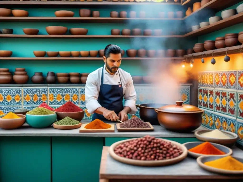 Decoración inspirada en Lima gourmet: cocina tradicional peruana con azulejos vibrantes, estantes rústicos y chef preparando plato gourmet