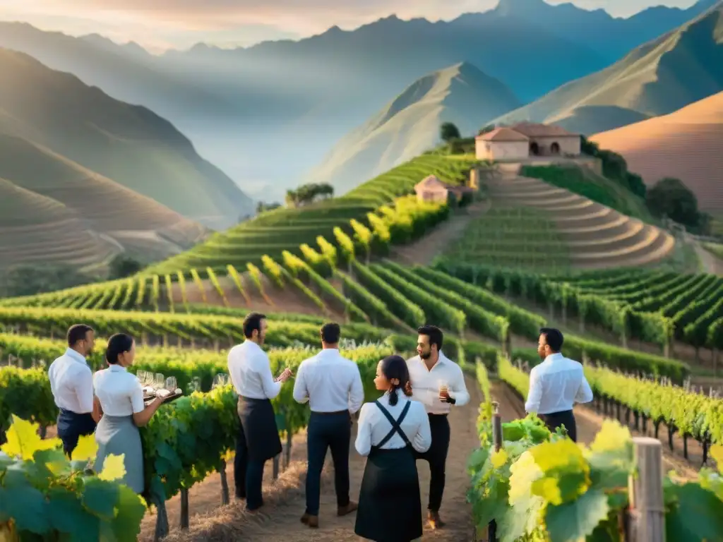 Una degustación de vinos en un viñedo de Perú al atardecer, con sommeliers expertos discutiendo matices