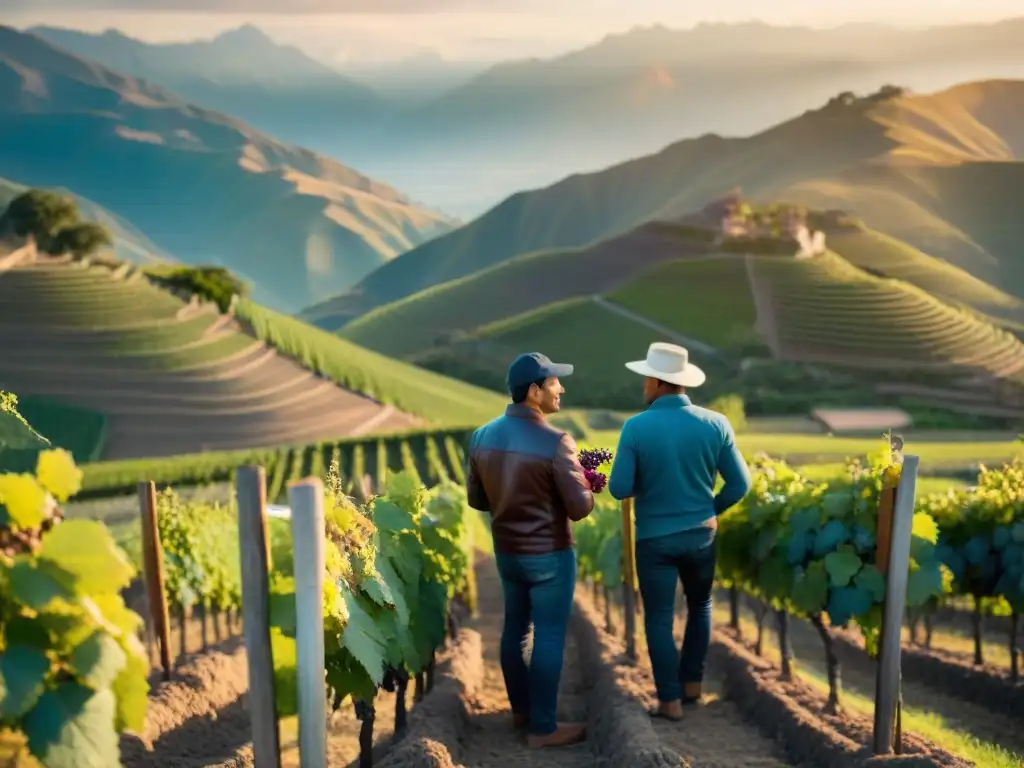 Degustación de vinos en viñedos peruanos al atardecer, con expertos explorando matices