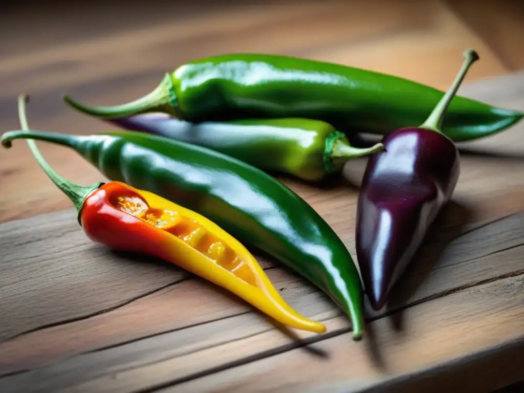 Degustaciones picantes de la gastronomía peruana: variedad de chiles peruanos en una mesa rústica, colores y texturas destacados