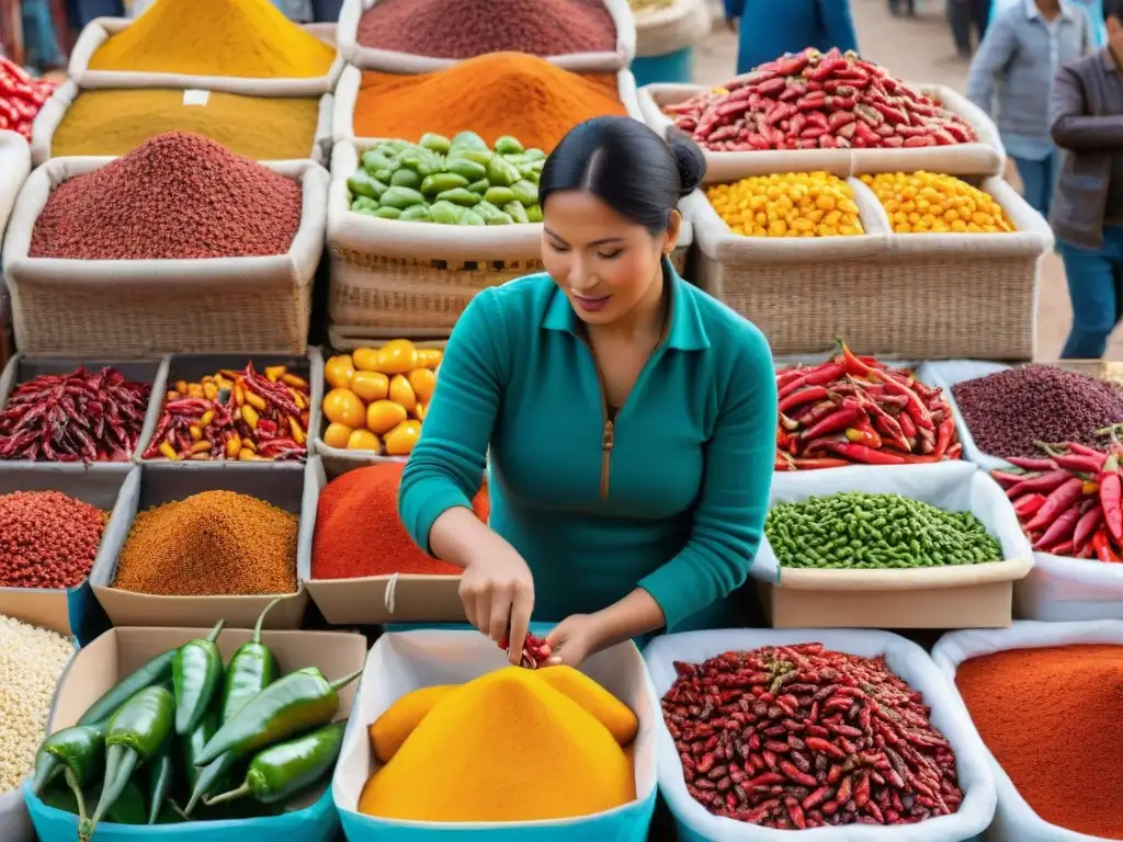 Degustaciones picantes en un mercado peruano, con variedad de ajíes y locales animados