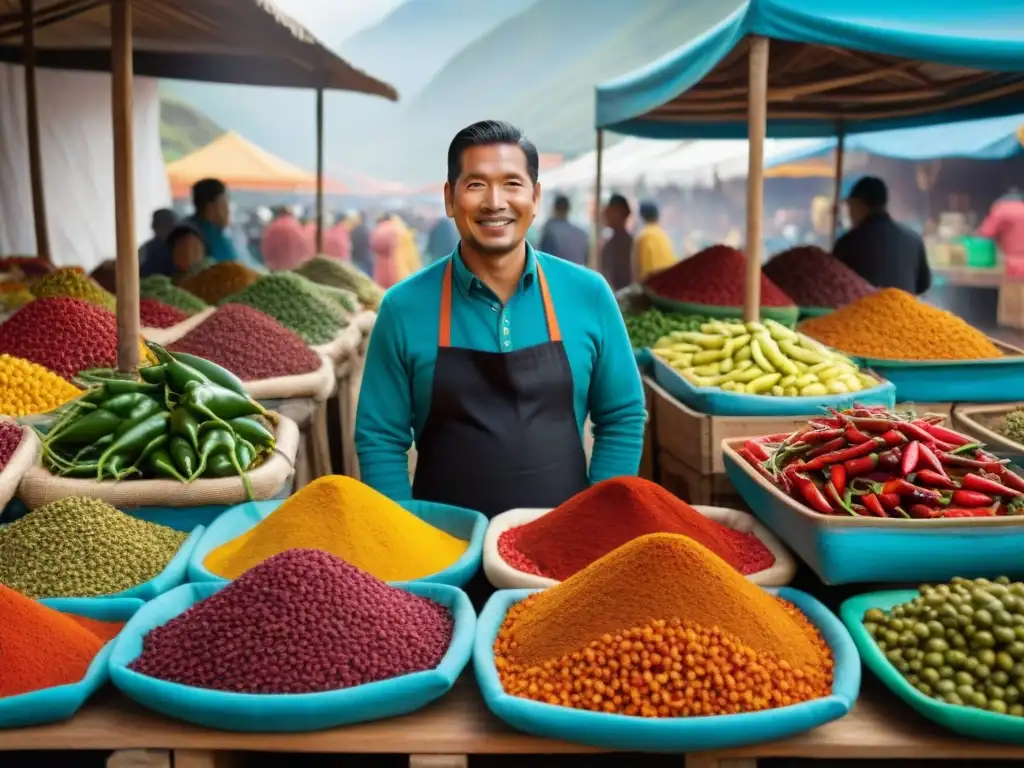 Degustaciones picantes en mercado peruano: variedad de ajíes amarillos, rocotos y limos, reflejo de la gastronomía peruana