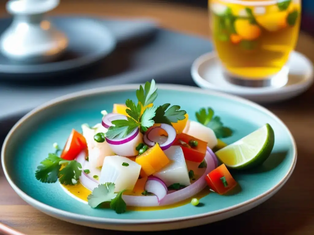 Un deleite visual de un ceviche peruano en un elegante restaurante, acompañado de Pisco