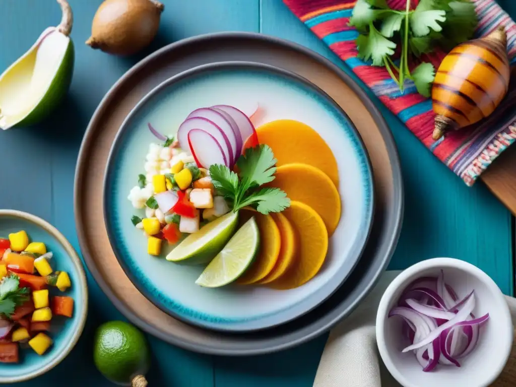 Un deleite visual de ceviche peruano tradicional en una vistosa presentación, resaltando los colores vibrantes y la fusión de ingredientes frescos