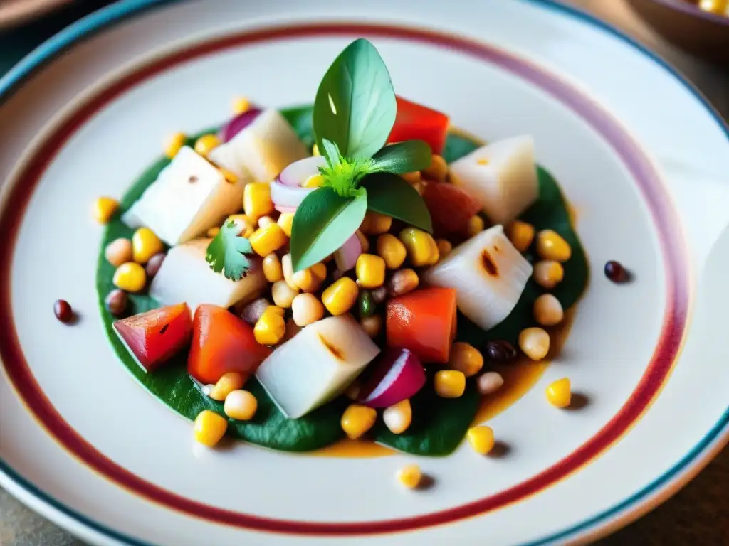 Un deleite visual de un Ceviche de Tarwi receta peruana, fusionando ingredientes tradicionales con técnicas innovadoras