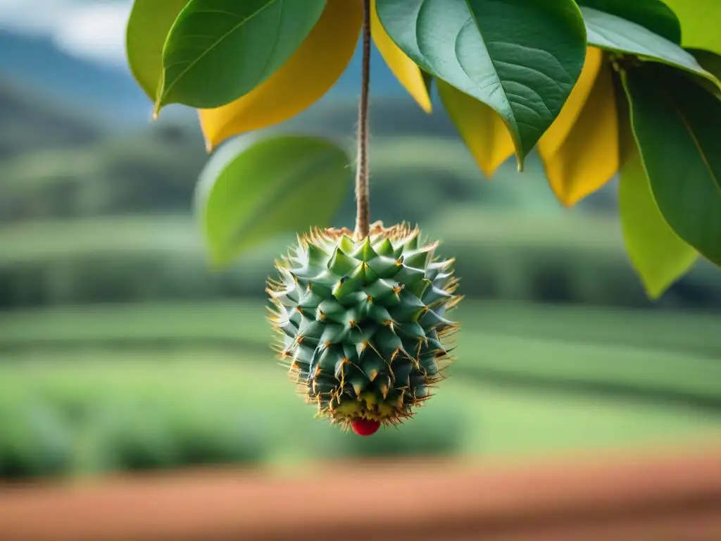 Un deleite visual: la guanábana madura cuelga de un árbol en un exuberante huerto peruano