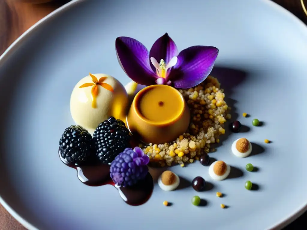 Un deleite visual: postres peruanos deconstruidos autóctonos en un plato blanco con mousse de maíz morado, custard de lucuma y crisps de quinua