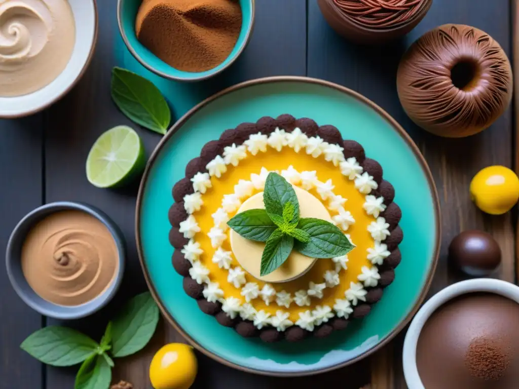 Un deleite visual de postres tradicionales peruanos deliciosos en una mesa rústica, bajo una cálida luz natural