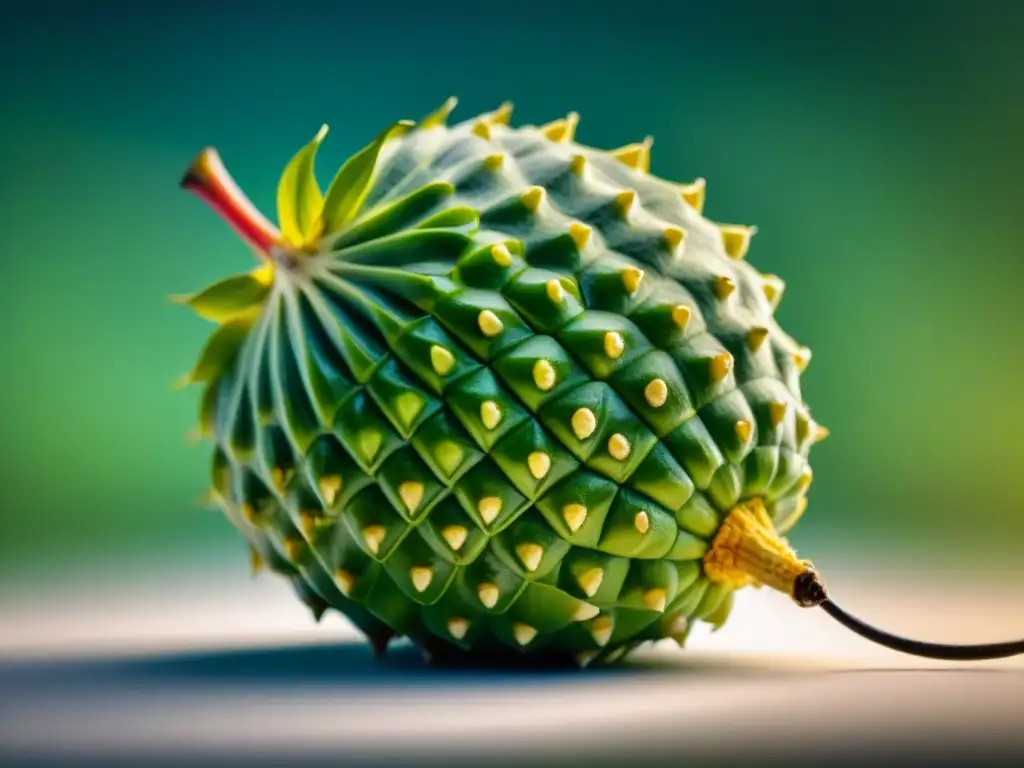 Delicada chirimoya fruta exótica del Perú, con piel verde escamosa y pulpa blanca cremosa llena de semillas