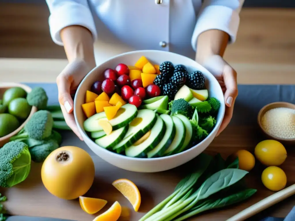 Delicada preparación de una ensalada equilibrada con olluco y frutas variadas