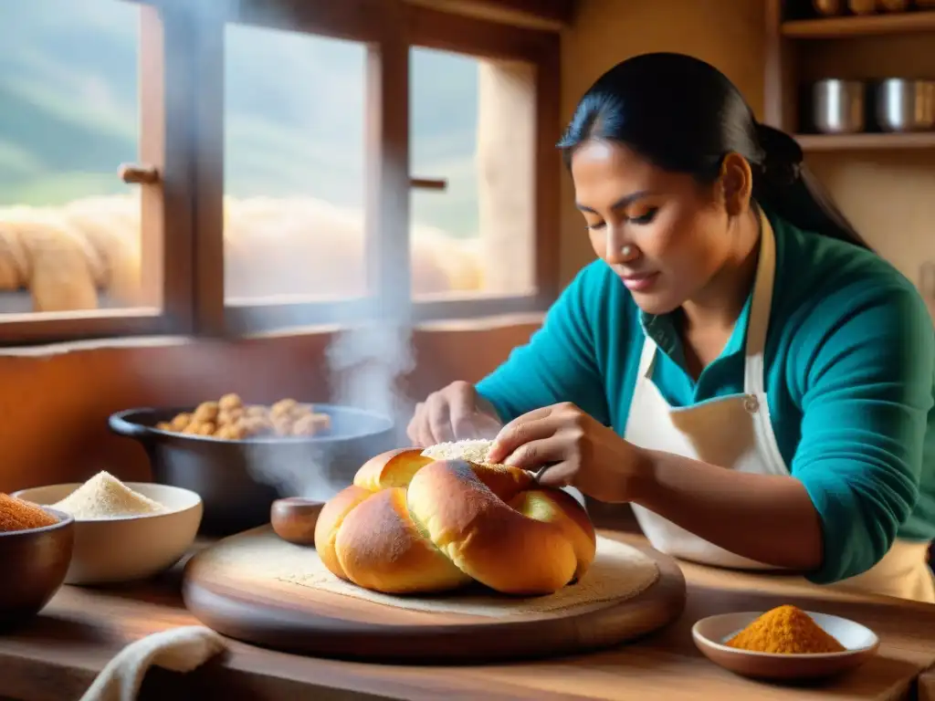 Delicada escena de cocina peruana tradicional al amanecer, con un chef preparando chicharrón dorado y pan con chicharrón