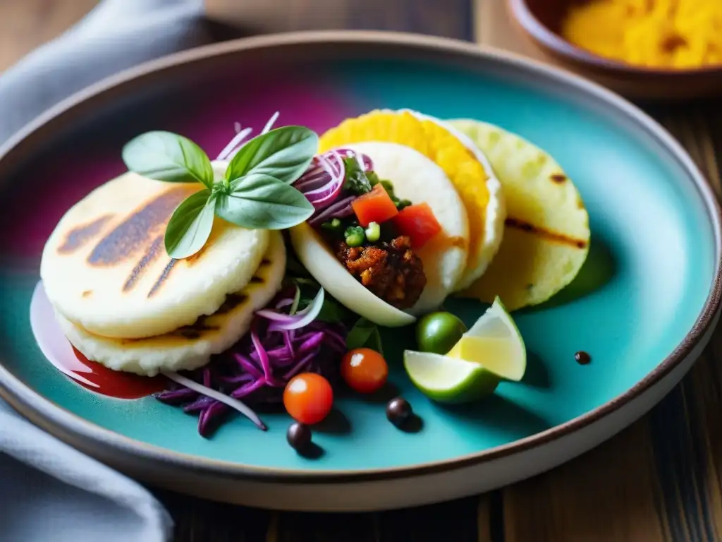 Delicada fusión gastronómica venezolano-peruana destacada en ceviche y arepas sobre mesa rústica