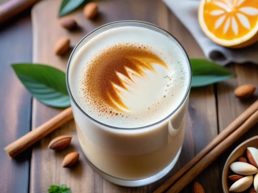 Delicada horchata peruana arroz servida en un vaso decorado, rodeada de canela y almendras en mesa rústica