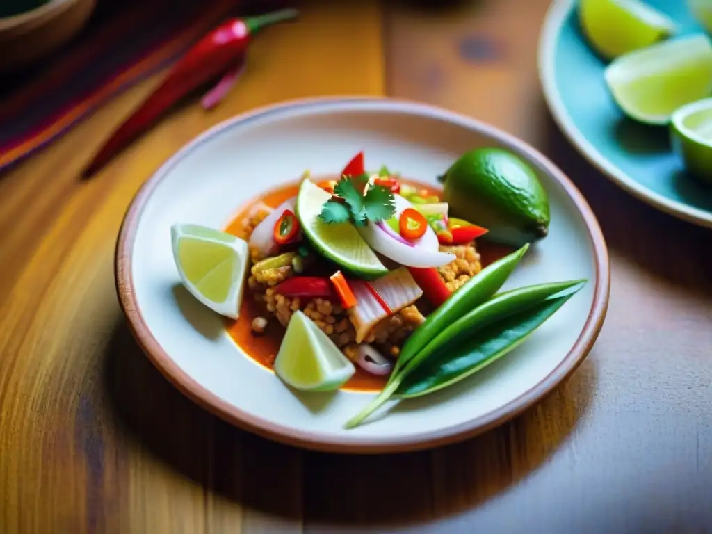 Delicada réplica en miniatura de un plato peruano de ceviche, con limón, cebolla y ají, sobre una mesa de madera rústica