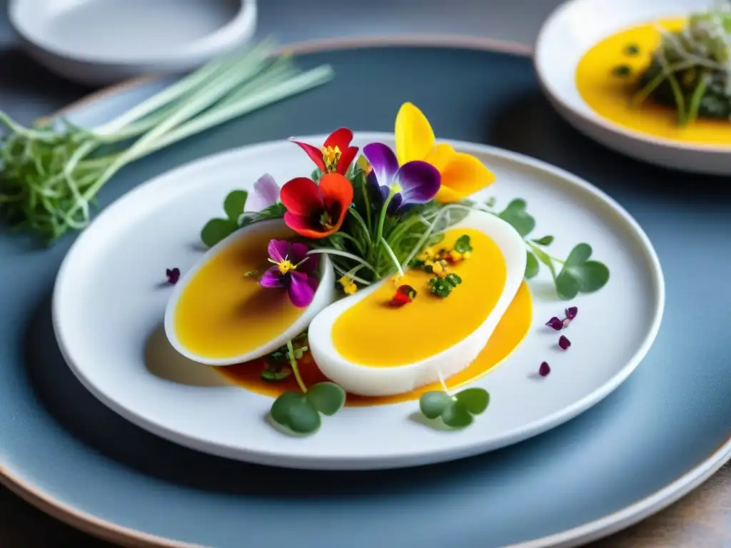 Delicada presentación minimalista de platos peruanos contemporáneos en un elegante plato blanco