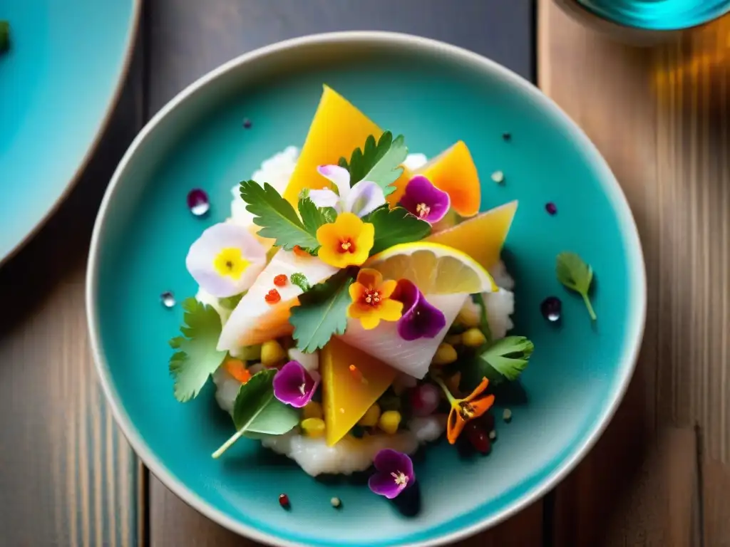 Exquisito ceviche peruano: arte culinario marino Delicada fotografía de platos marinos peruanos, ceviche con ingredientes frescos y coloridos sobre mesa de madera rústica