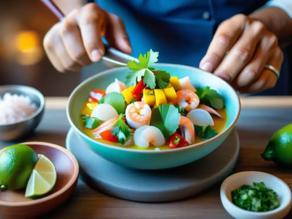 Delicada preparación de ceviche peruano con ingredientes frescos y coloridos en una cocina costera