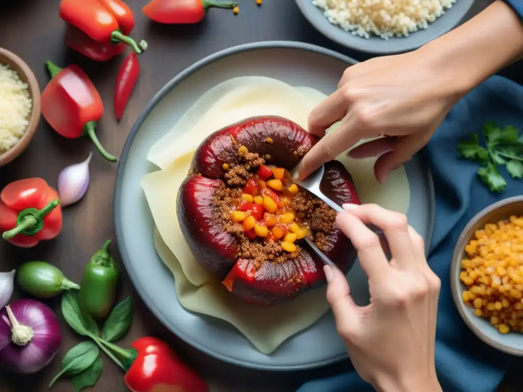 Delicada preparación de rocoto relleno Arequipa con carne, cebolla, ajo y queso en cocina tradicional