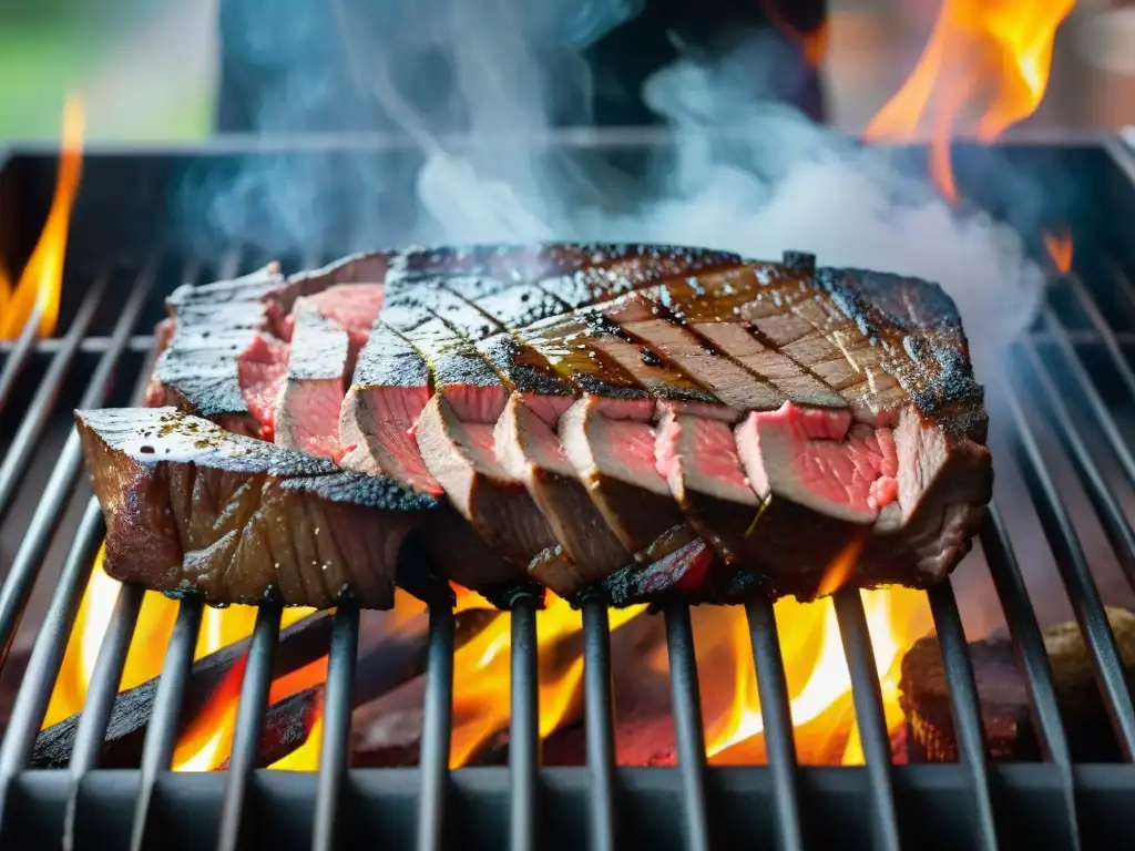 Delicada técnica de parrilla peruana: maravilloso corte de carne en parrilla de carbón, jugos brillantes y humo danzante