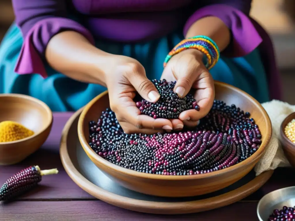 Delicadas manos de mujer peruana exprimen maíz morado para chicha morada casera, reflejando autenticidad y tradición