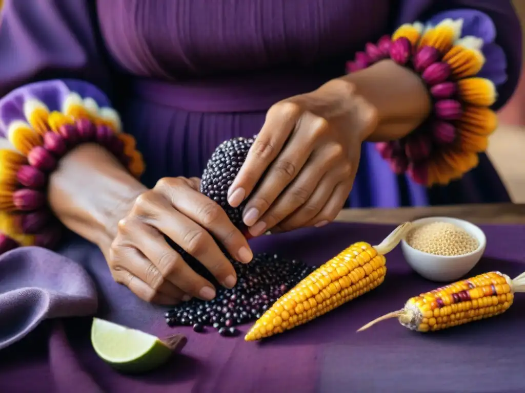 Delicadas manos de mujer peruana pelando maíz morado para hacer chicha morada, resaltando la receta tradicional