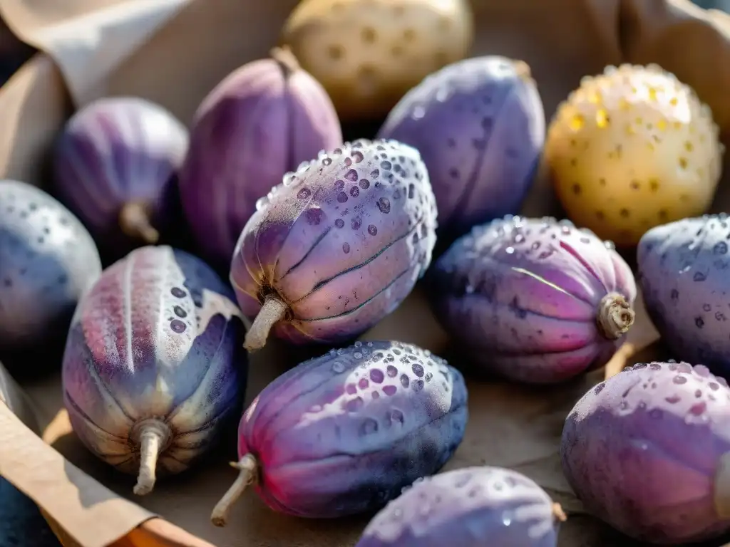 Delicadas papas peruanas moradas recién cosechadas con gotas de rocío, en una mesa de mercado