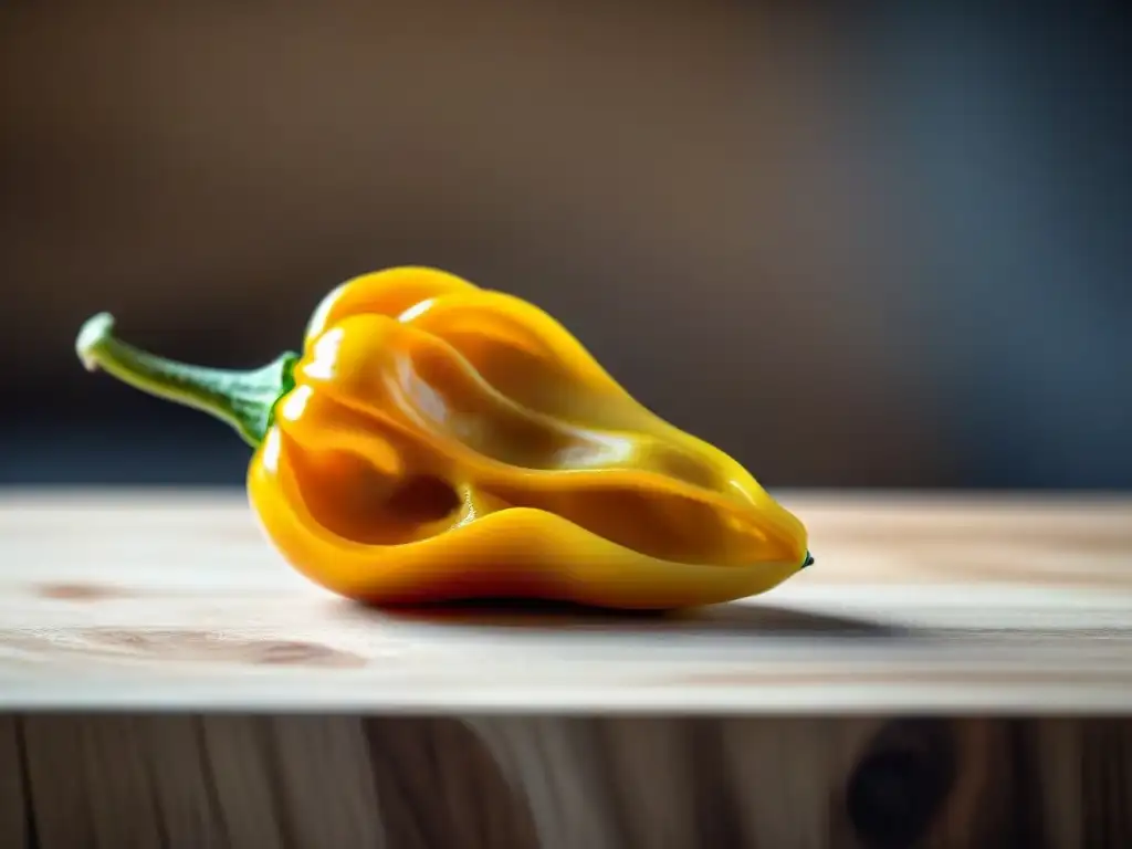 Delicado ají amarillo en tabla de madera, con brillo y arrugas, iluminado por luz natural