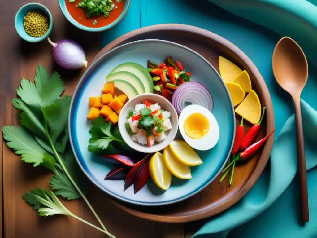 Delicado ceviche peruano en plato de cerámica, destacando la importancia de los utensilios en la estética de los platos peruanos