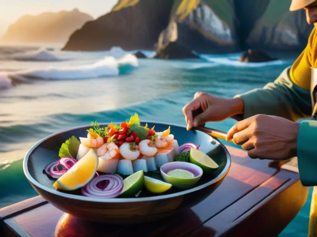 Delicado ceviche peruano preparado al amanecer en un bote de pesca de madera en la costa de Perú, con mariscos frescos y coloridos