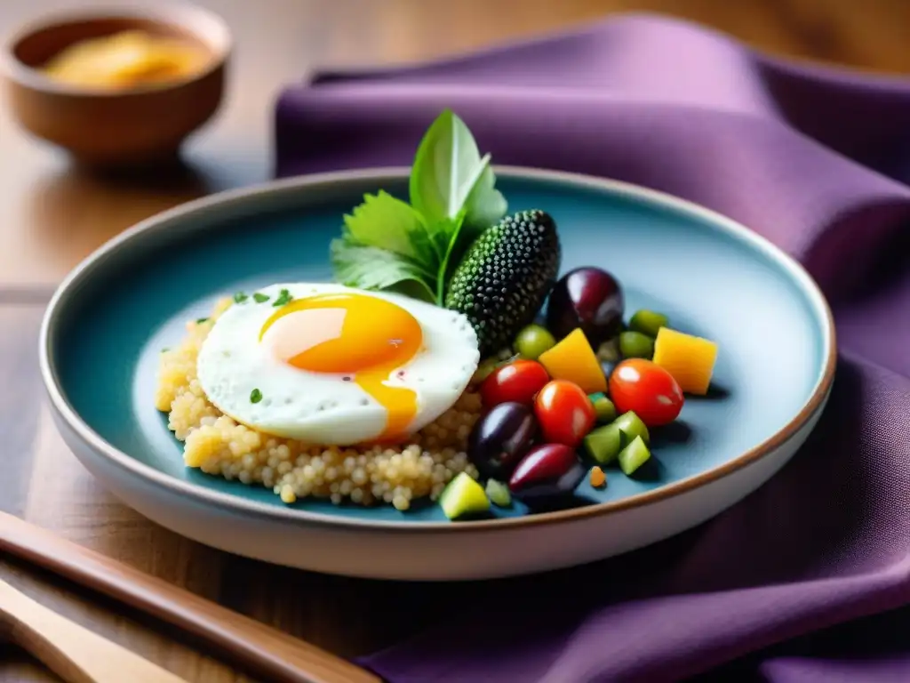 Delicado desayuno peruano fusionando ingredientes autóctonos en plato moderno