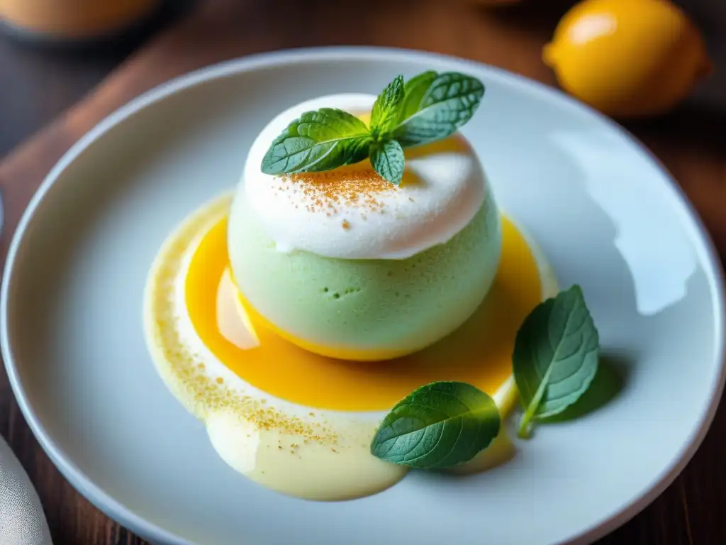 Delicado postre peruano reinventado: Helado de Pisco Sour con sirope cítrico, menta fresca y ralladura de lima