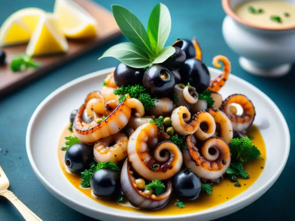 Exquisito Pulpo al Olivo: Tentáculos tiernos en salsa cremosa Delicado Pulpo al Olivo receta fácil: tentáculos tiernos en salsa cremosa, adornado con aceitunas y hierbas frescas