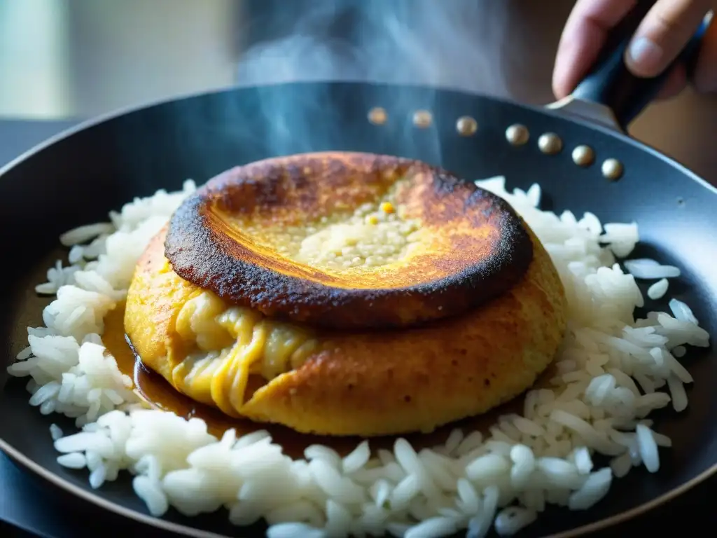 Delicado Tacu Tacu dorado en sartén, receta tacu tacu arroz frijoles