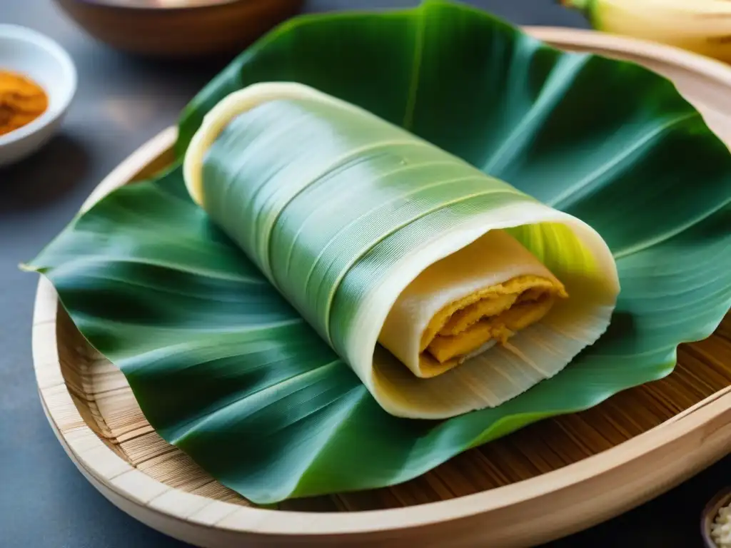 Delicado tamal peruano deslumbrante, envuelto en hoja de plátano, con capas de masa húmeda y relleno sabroso