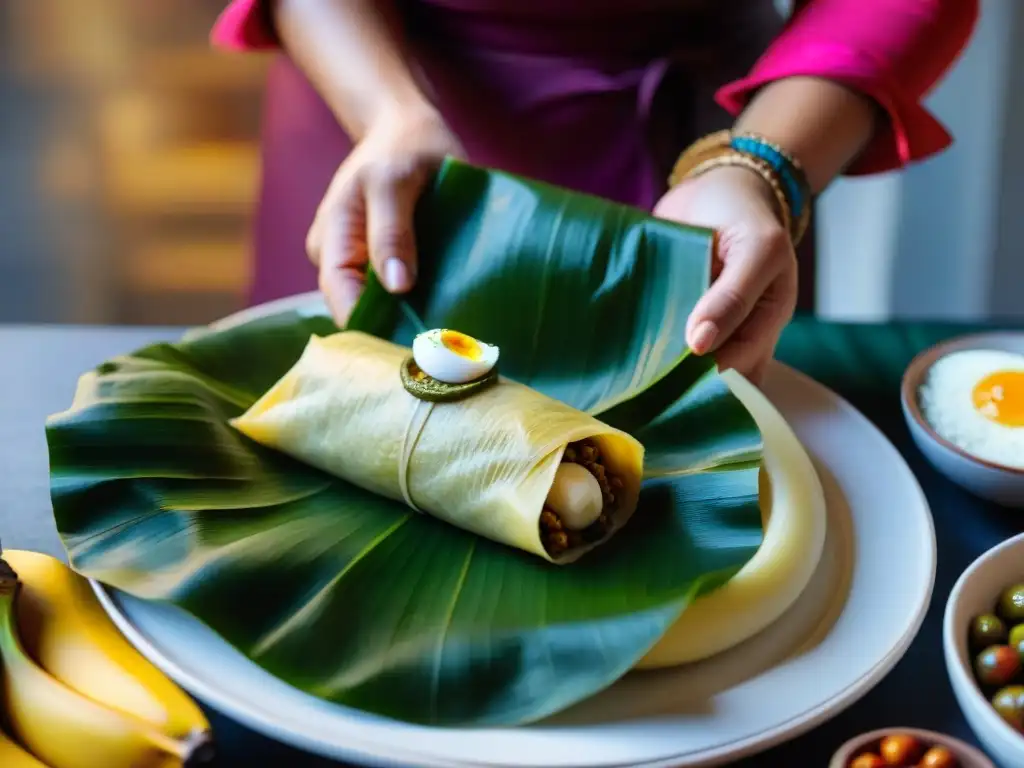 Delicado tamal peruano envuelto en hoja de plátano, resaltando colores y sabores